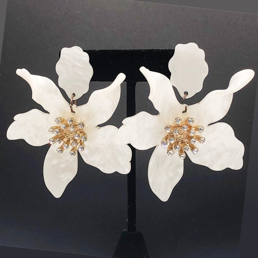 Tropical oversized floral rhinestone post dangle earrings